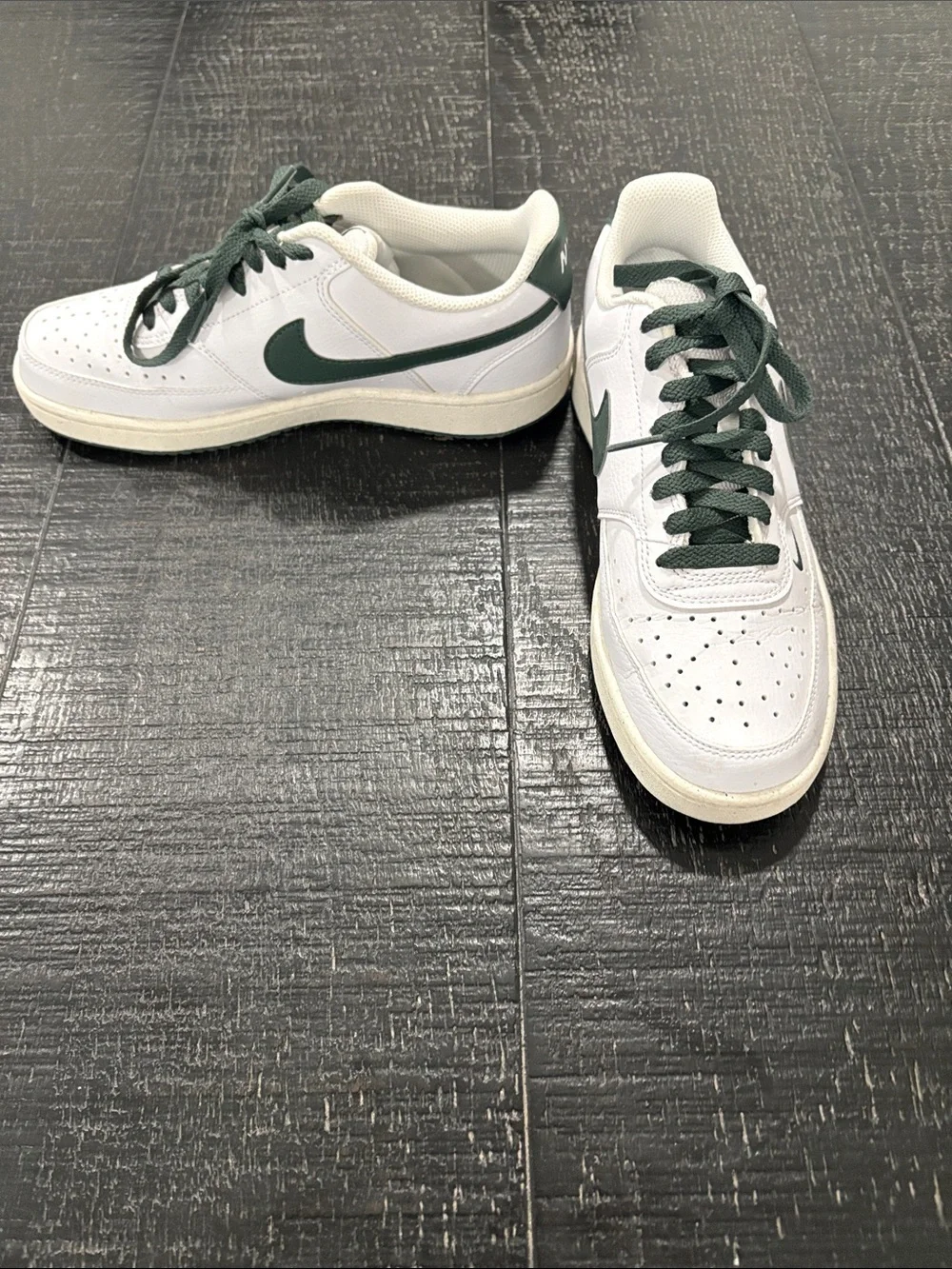 Nike White Sneakers with Forest Green Swoosh and Laces